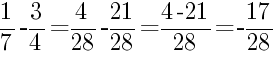 Решение дробей 1/7 минус 3/4