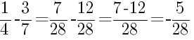 Решение дробей 1/4 минус 3/7