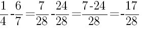 Решение дробей 1/4 минус 6/7
