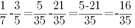 Решение дробей 1/7 минус 3/5