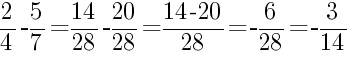 Решение дробей 2/4 минус 5/7