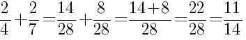 Решение дробей 2/4 плюс 2/7