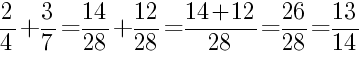 Решение дробей 2/4 плюс 3/7